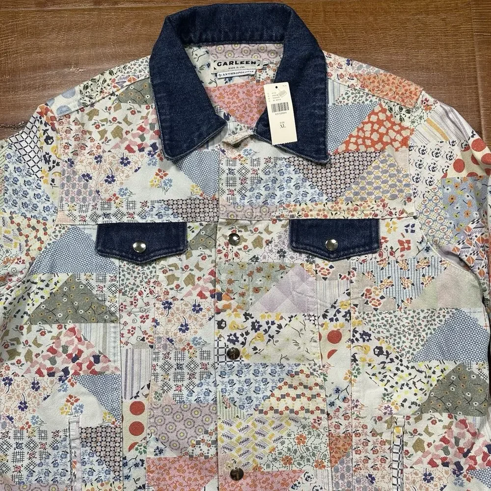 Carleen Quilt Patchwork Trucker Jacket Women XL Floral Motif Denim Retro NWT USA